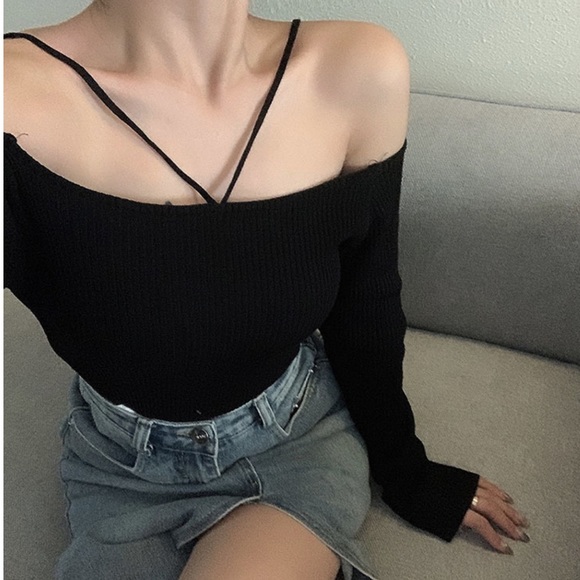 Off shoulder knit top black sexy strap thin sweater - Picture 3 of 7